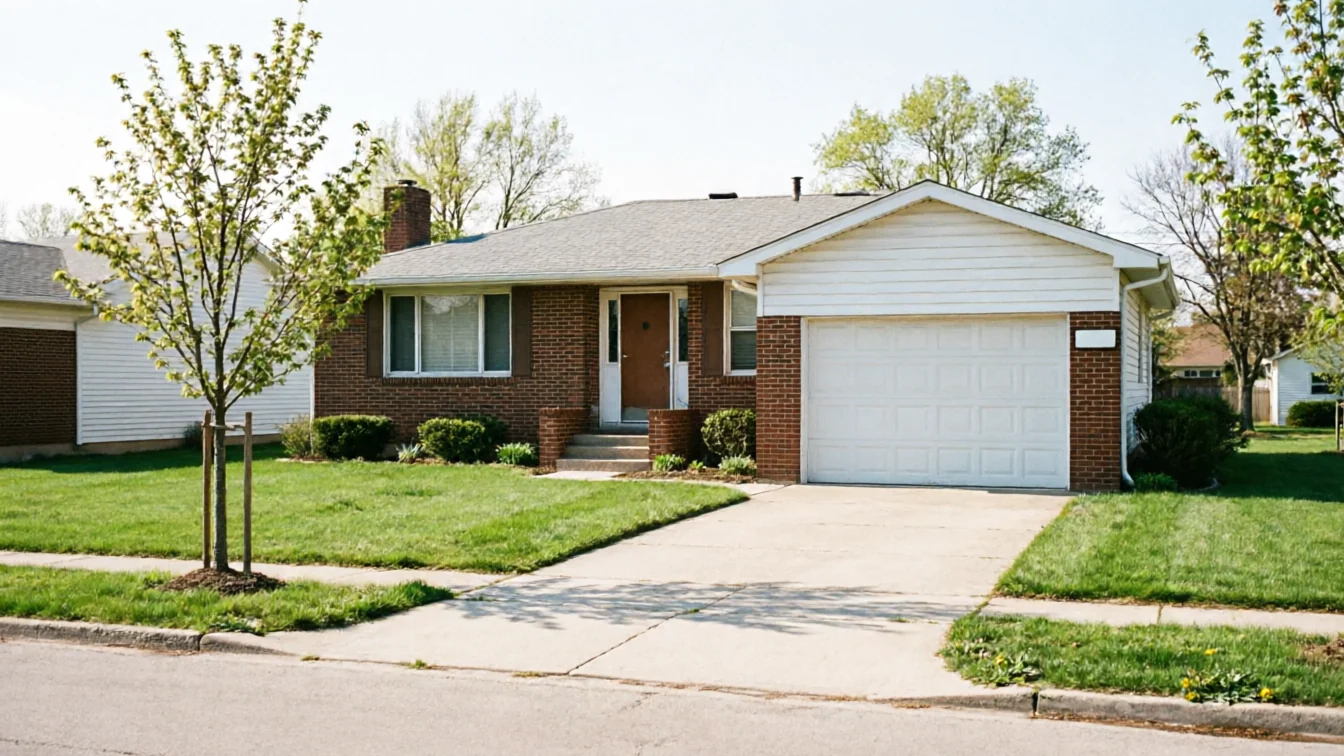 A brick house with a white garage door and a driveway.